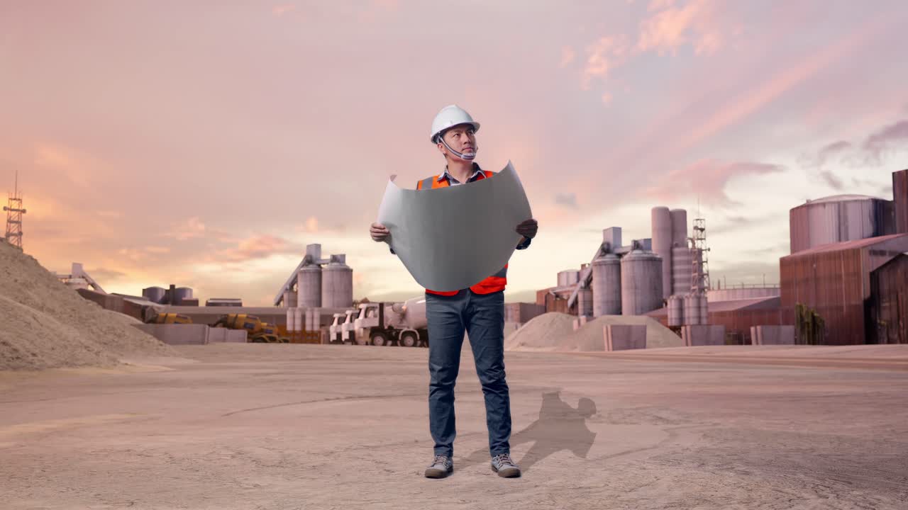 Ingeniero asiático de cuerpo entero con casco de seguridad, mirando un plano en sus manos y observando a su alrededor, de pie en una planta industrial de cemento con camiones hormigonera al atardecer