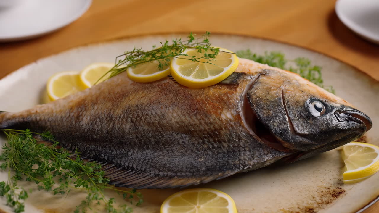Helstegt fisk på fad med citronskiver og frisk dild, gylden sprød skind, skørt kød, rustik træ.