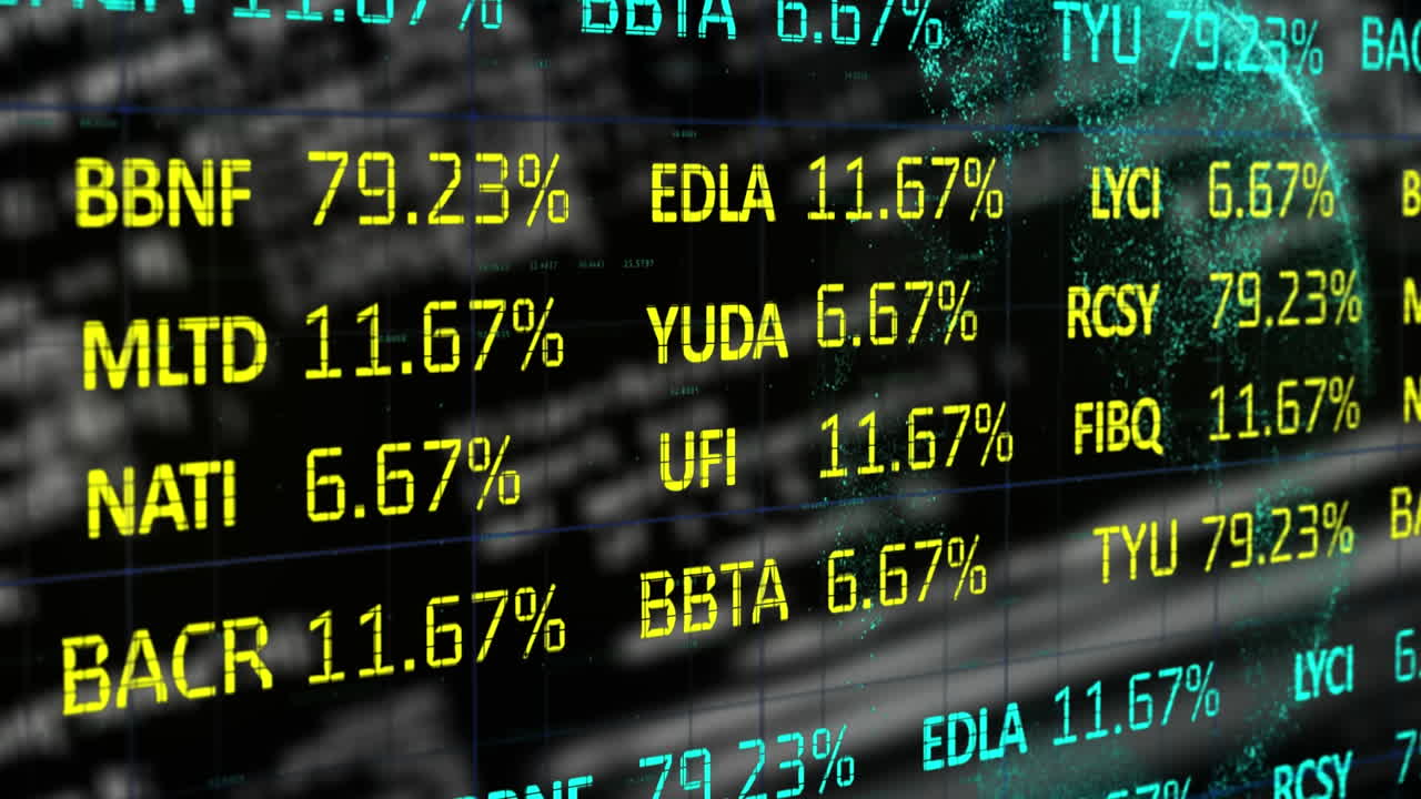 Animation of computer circuitboard over financial stock interface