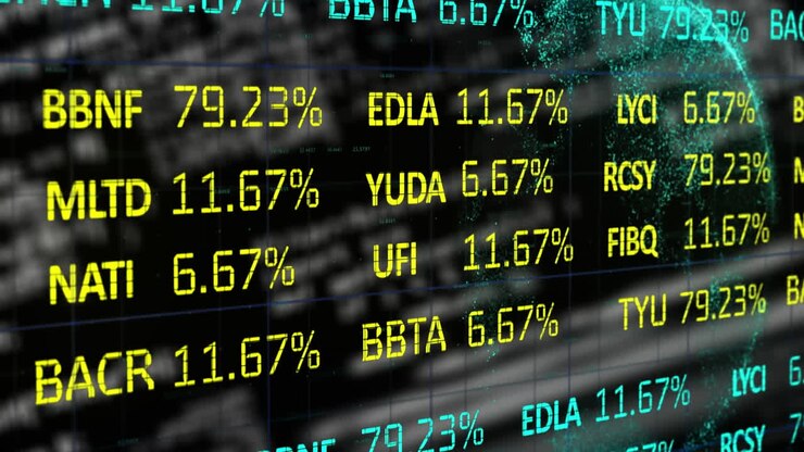 Animation of computer circuitboard over financial stock interface