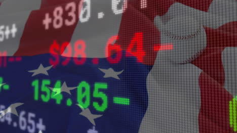 animación del procesamiento de datos financieros sobre la bandera estadounidense
