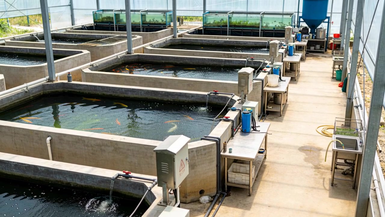 Circulating water in center tanks showing orange fish surfacing for oxygen at covered farm by pumps