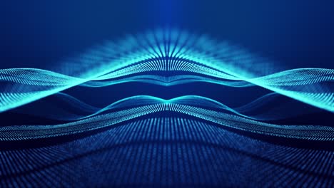 sci-fi abstract theme with particle waves. 4k looped abstract blue background of glow particles form curved lines, surfaces simmetrical structures. digital background with particle hologram.