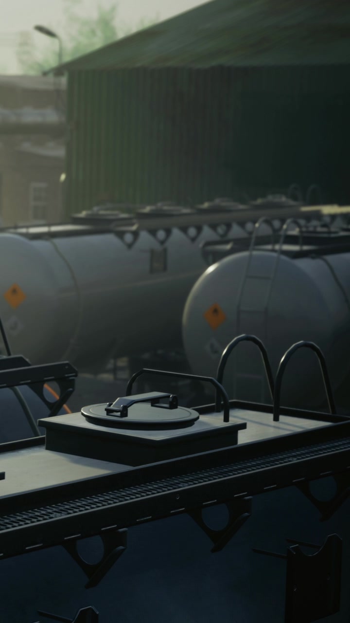 Cargo tanks lined up in a serene industrial yard during early morning light
