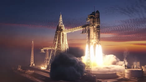 dramatic rocket launch at dawn