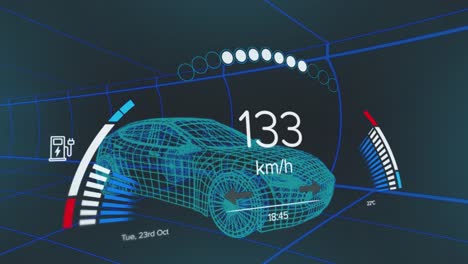 animación del procesamiento de datos del velocímetro sobre un dibujo de automóvil 3d en segundo plano