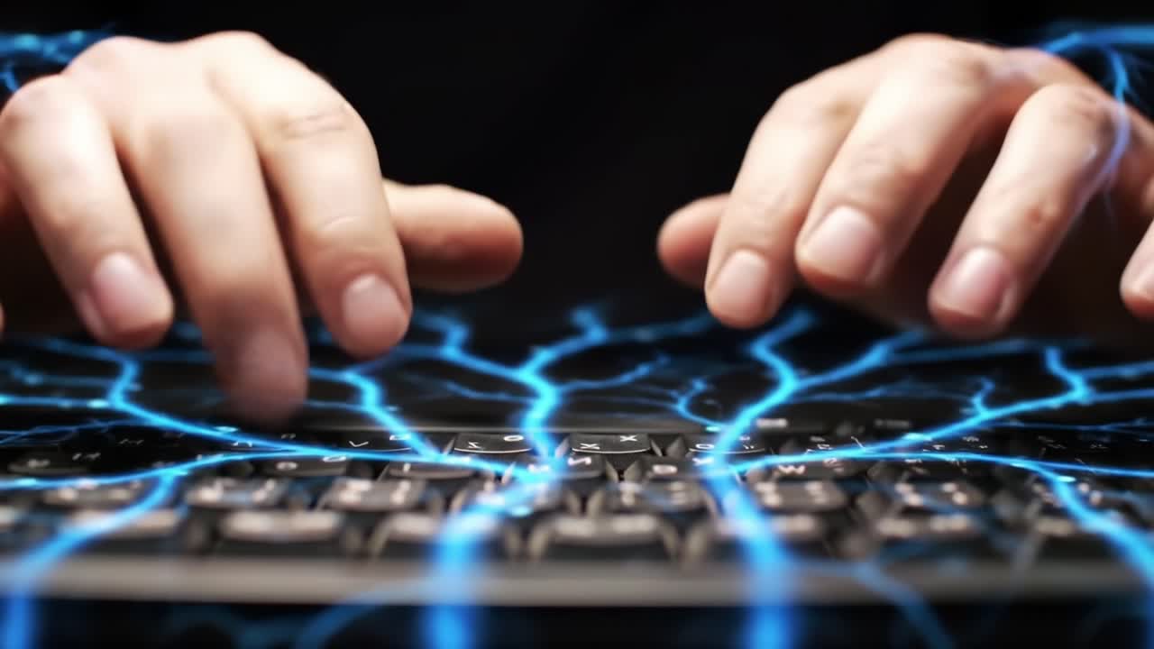 A Close-Up Shot of Hands Typing on a Keyboard Surrounded by Electric Blue Lightning Effects Symbolizing Connectivity and Digital Interaction