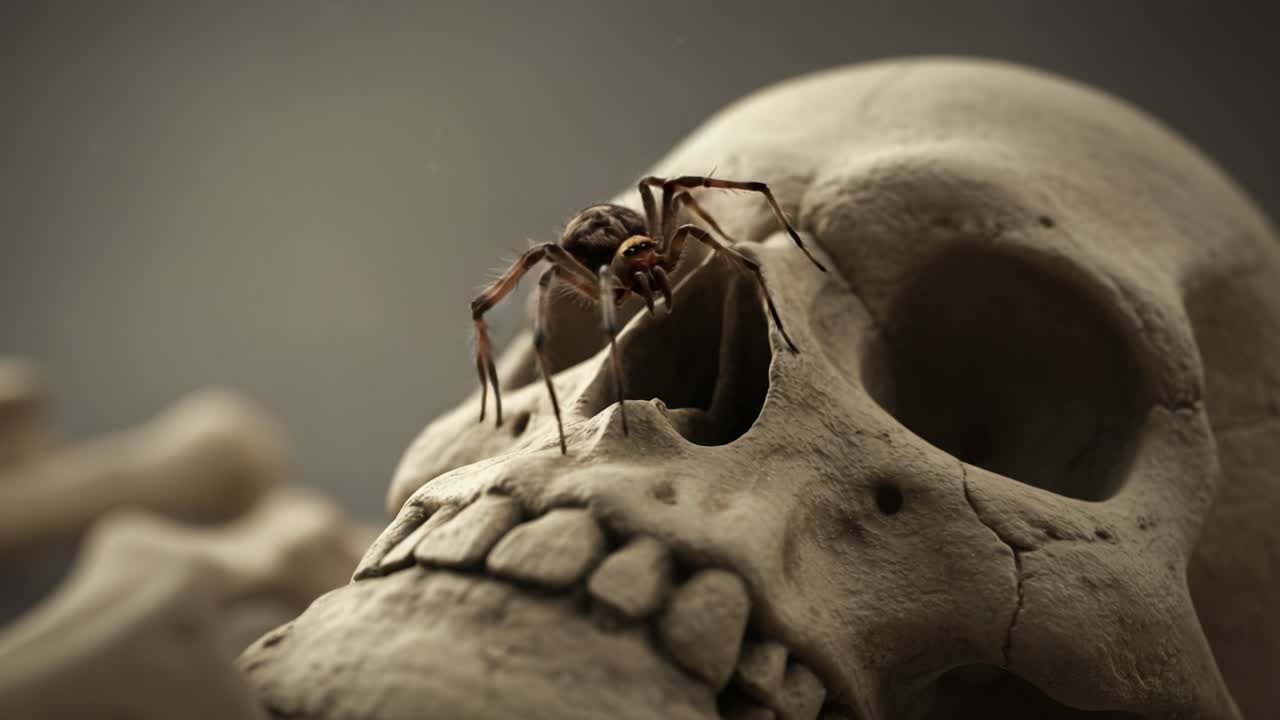 A close-up view of a spider crawling on a skull, evoking themes of death and the interplay between life and decay in a haunting, yet captivating manner