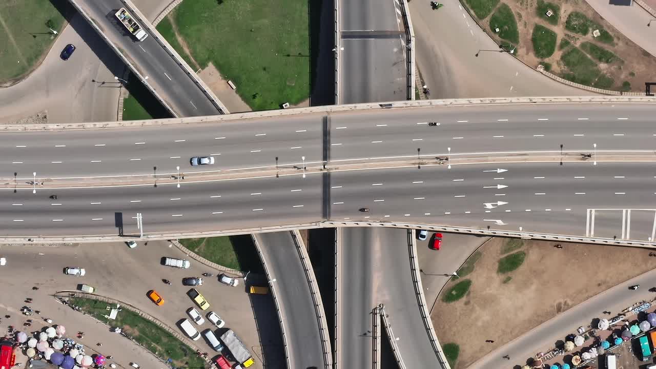 Overhead view of busy highway intersecting in Accra, Ghana
