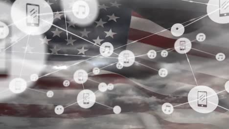 animación de la red de conexiones de iconos con teléfonos inteligentes y notas sobre la bandera de los estados unidos y las nubes