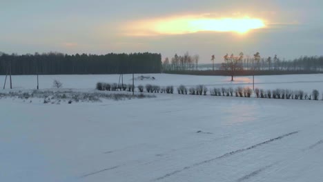 Wintersonnenuntergang-über-Schneebedeckten-Feldern-In-Der-Lettischen-Landschaft
