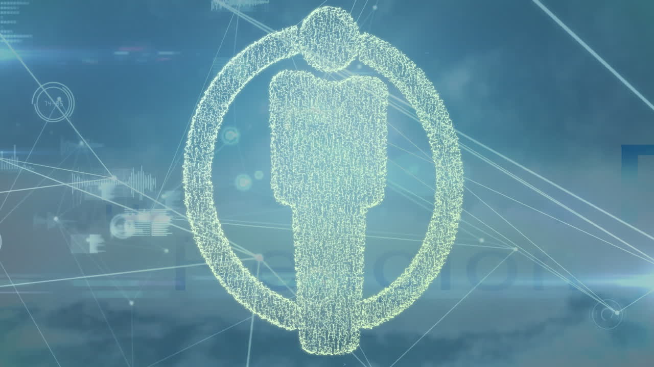 Animation of digital human figure with network connections and data visualization