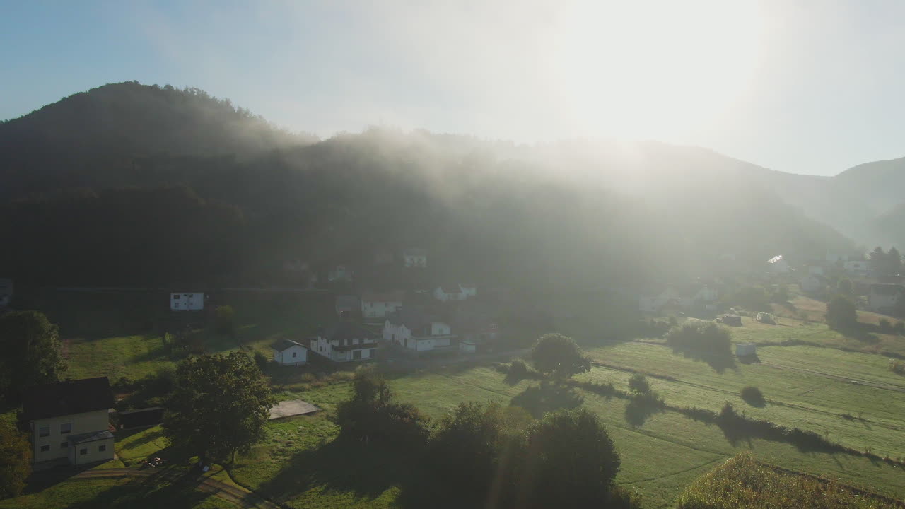 Foggy Mountain Village Landscape