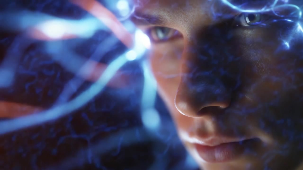 Uno Sguardo Ipnotico nella Mente Umana: Esplorando l'Intersezione tra Tecnologia e Coscienza Attraverso Connessioni Neurali Elettrizzanti ed Espressioni Intense.