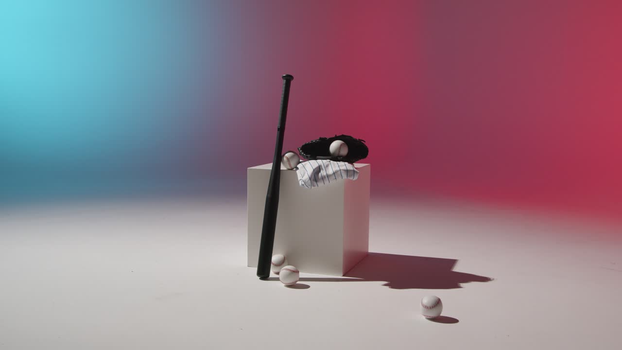 Studio Baseball Still Life With Bat Ball Catchers Mitt And Team Jersey With Red White And Blue Lighting 1