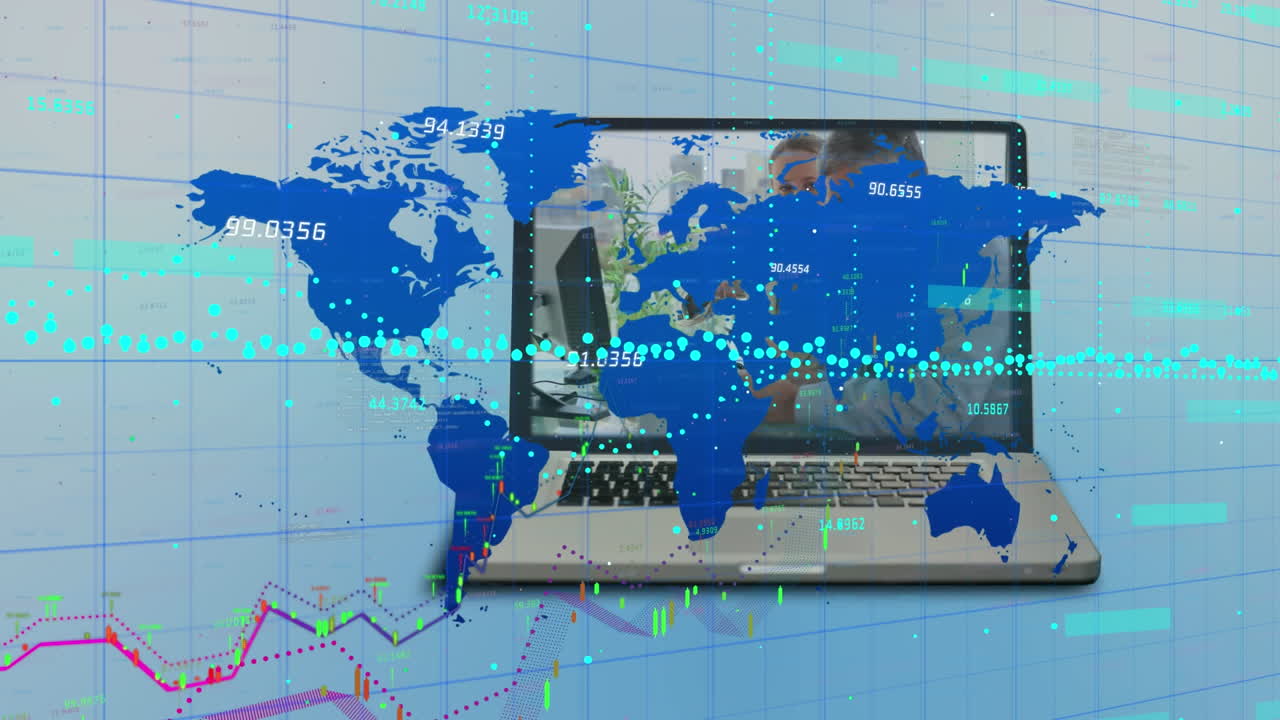 Animation of world map and data processing over business people on laptop screen
