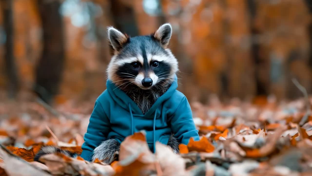 A raccoon in a blue hoodie sitting in the leaves