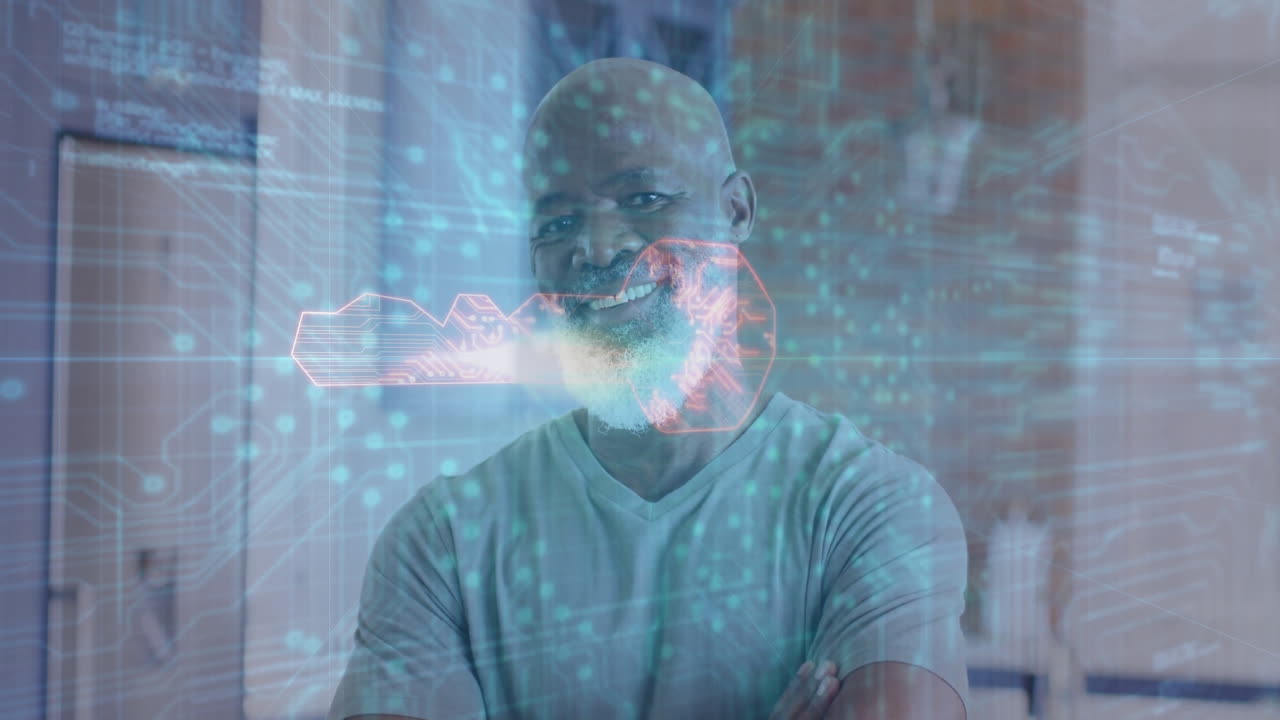 Mature man standing in studio, smiling, projecting digital grid lines, data points and light shapes