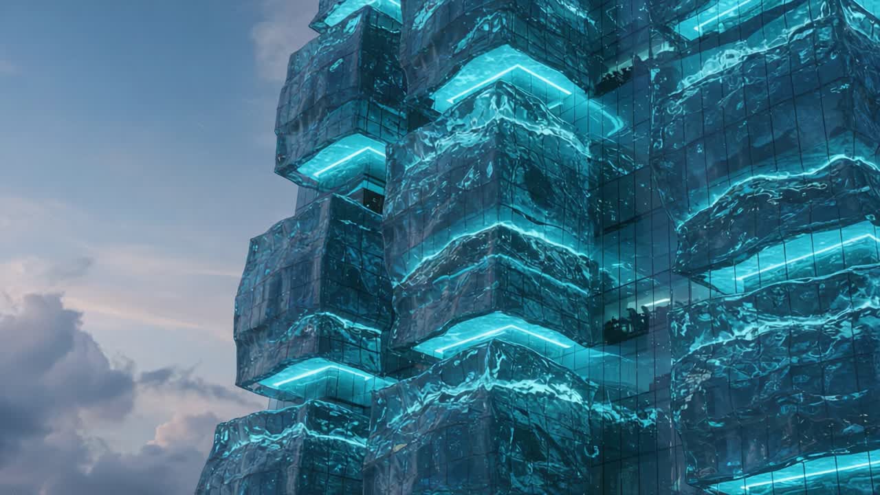 A Stunning Architectural Marvel Featuring Glass and Ice Elements with Illuminated Edges, Showcasing a Unique Design Against a Twilight and Night Sky