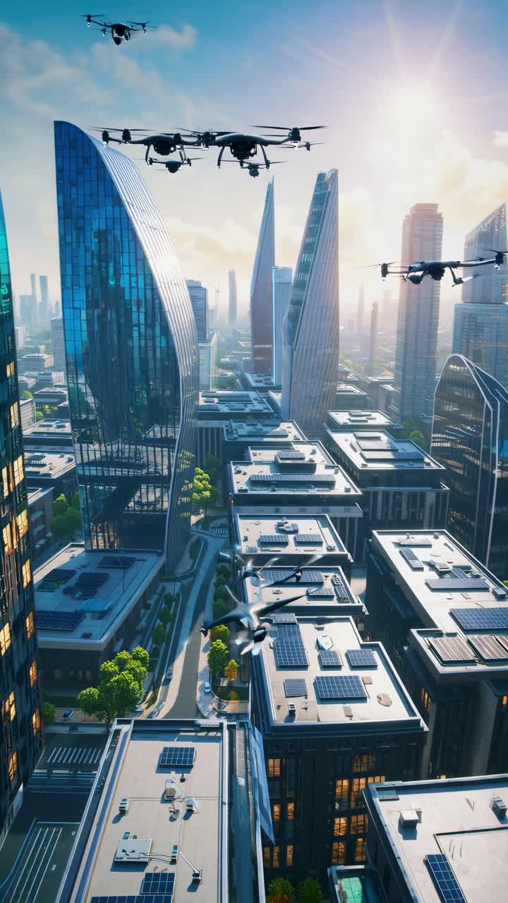 Futuristic cityscape with drones flying over solar-paneled rooftops