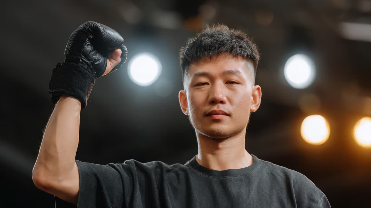 Confident Boxer Celebrates Victory in the Ring with a Raised Fist, Showcasing Determination and Skill in a Dynamic Sports Environment