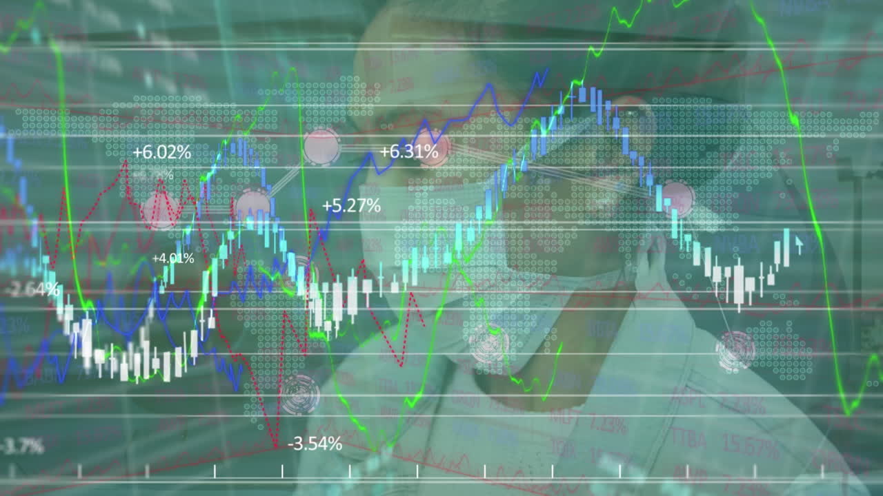 얼굴 마스크를 입은 여성에 대한 통계 및 금융 데이터 처리의 애니메이션