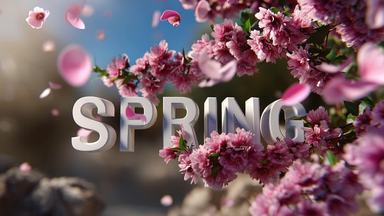 Pink blossoms sway gently in spring air. Soft sunlight filters through delicate petals. White letters spell "SPRING" against natural beauty. Falling petals add a dreamy, tranquil mood