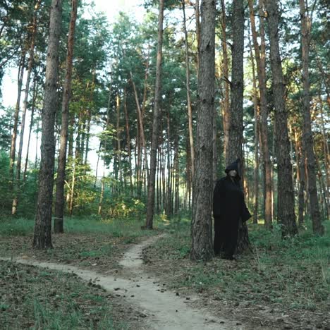 evil witch hooded creature walking across forest. halloween