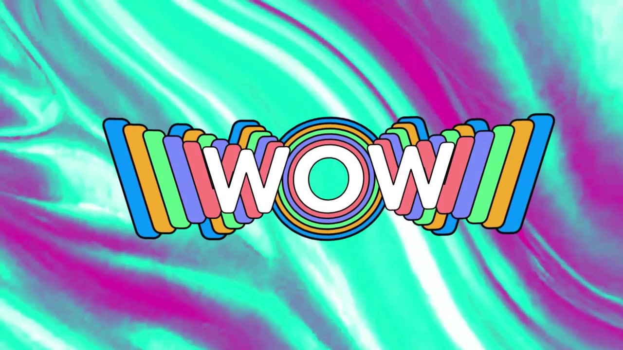 Wow text animation with colorful layers over vibrant, swirling background