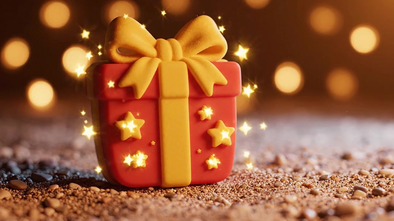 Una confezione regalo splendidamente realizzata e colorata con un fiocco luminoso e stelle festive, perfetta per le celebrazioni e per creare momenti gioiosi durante le festività.