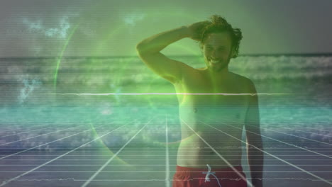 animation von kreisen über kaukasischen mann am strand