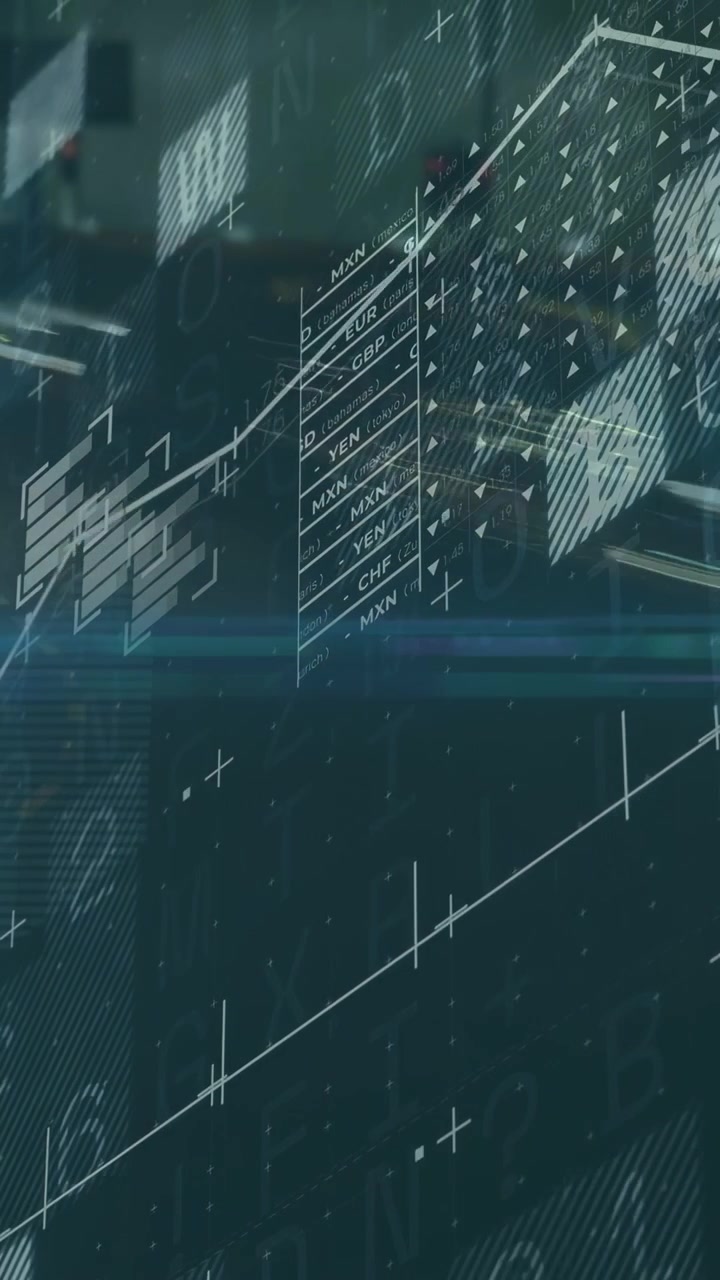 Vertical video: Data viz starting on live feed, line rising dipping, bars pulsing showing FX rates