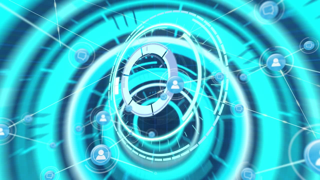 사람 아이콘의 네트워크와 도시 거리에 대한 데이터 처리 스캐너의 애니메이션