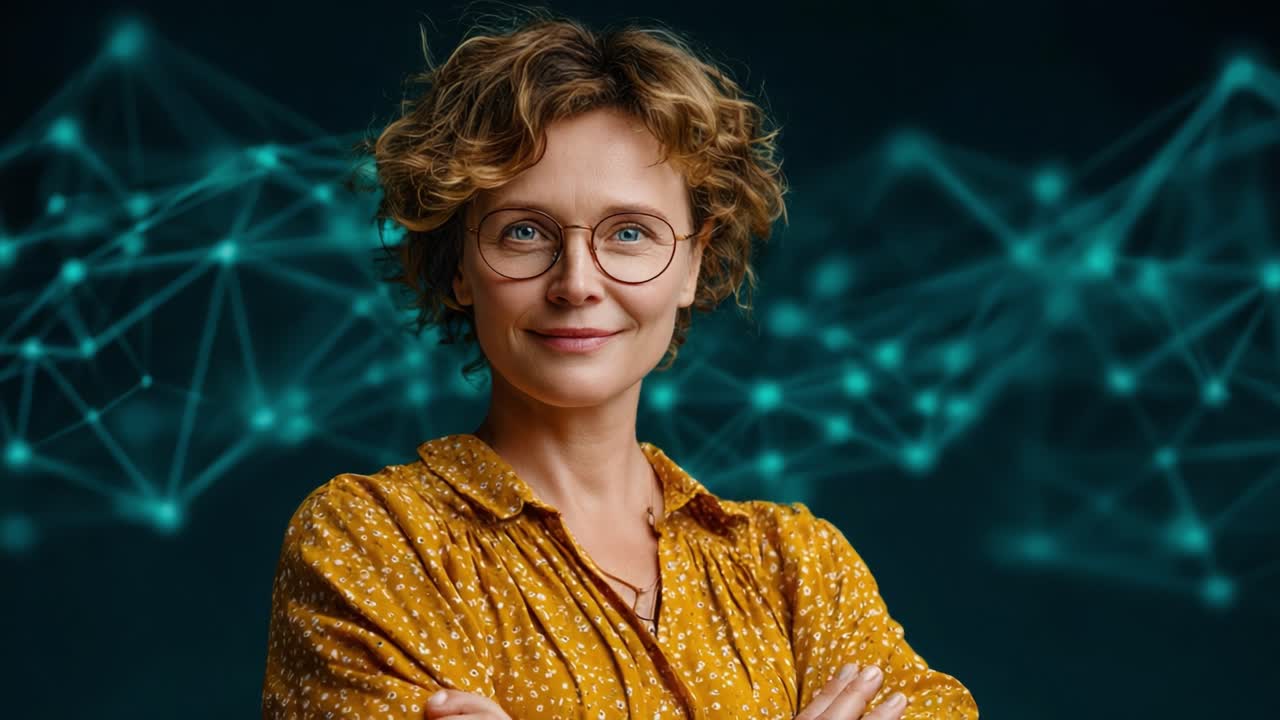 Confident Woman in Glasses with Curly Hair Showcases Empowerment Against a Tech-Inspired Background, Symbolizing Innovation and Progress in Modern Society