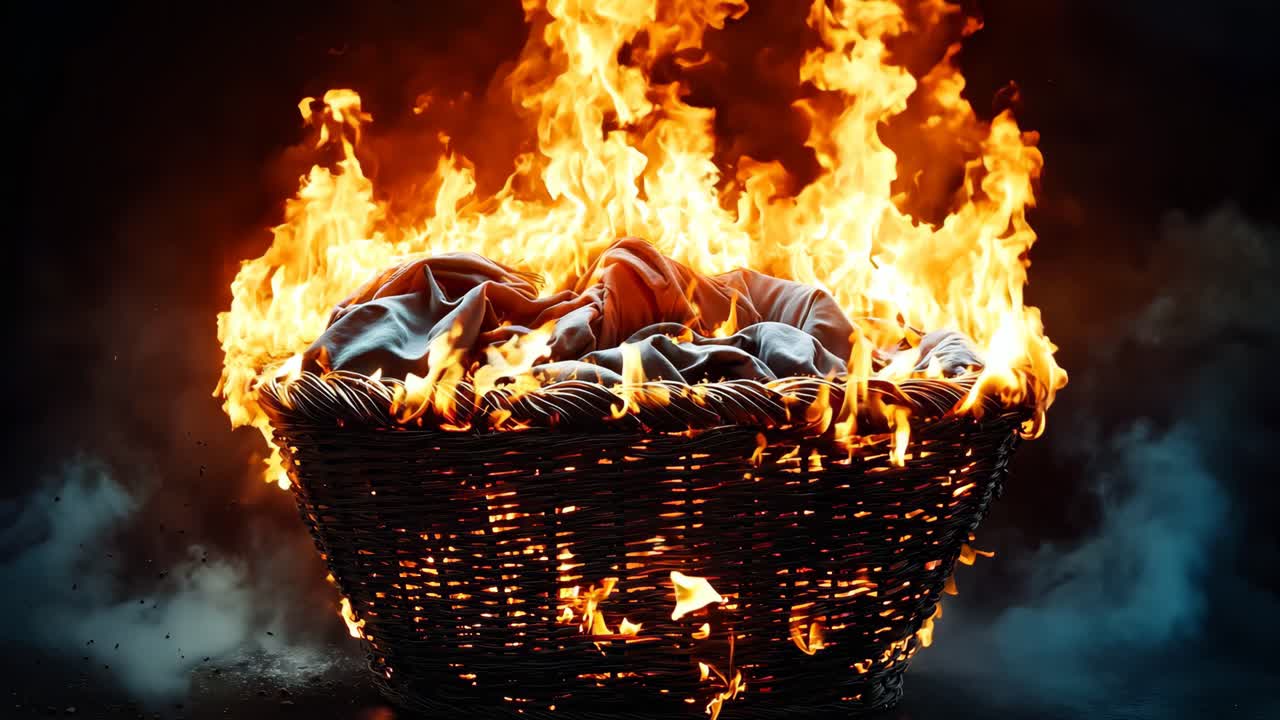 검은 바탕에 불타는 옷으로 가득 찬 바구니