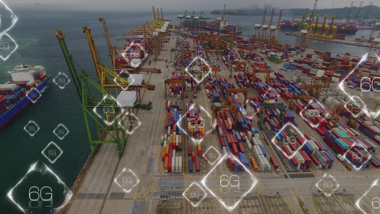 6G network technology animation over busy shipping port with colorful containers