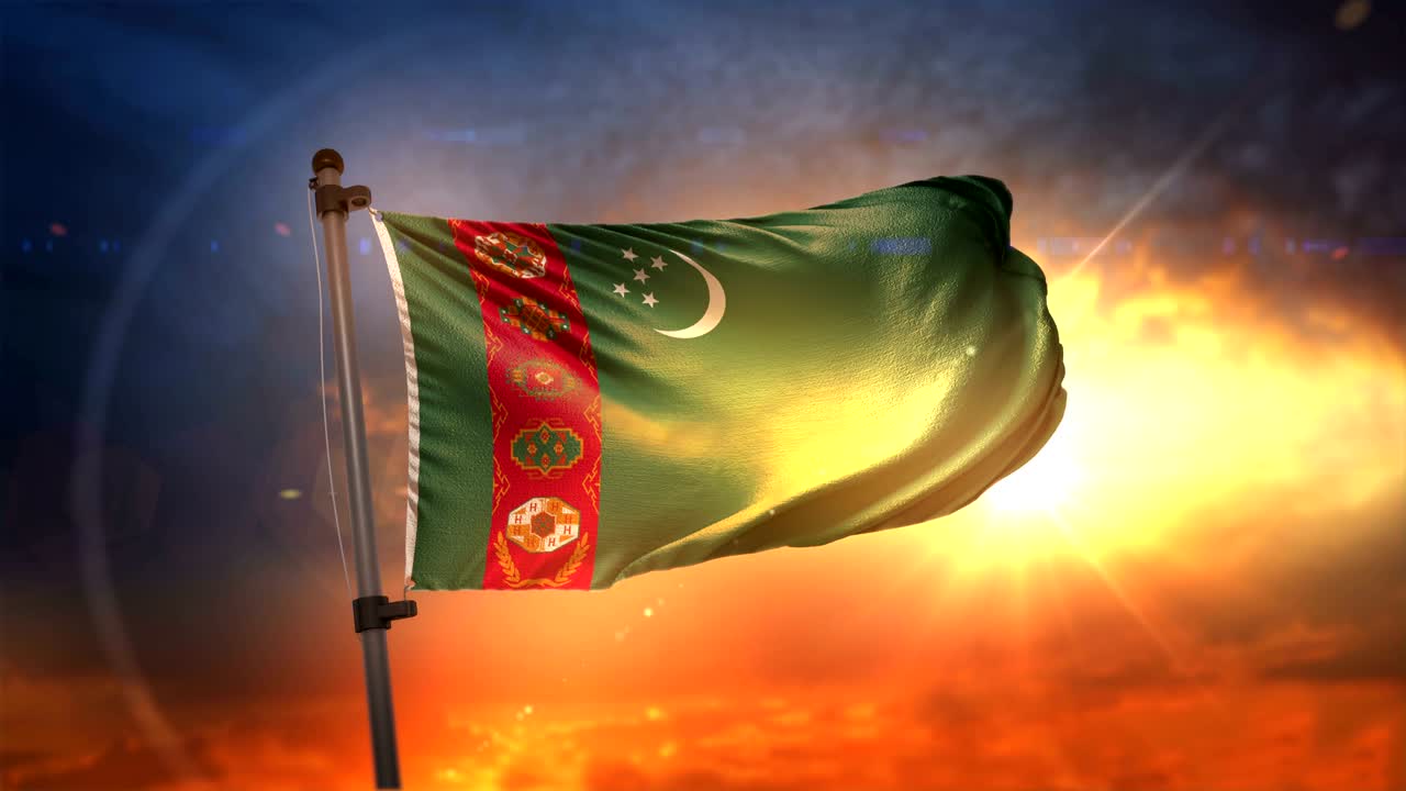 la bandera de turkmenistán retroiluminada en un hermoso ciclo de amanecer en cámara lenta 4k