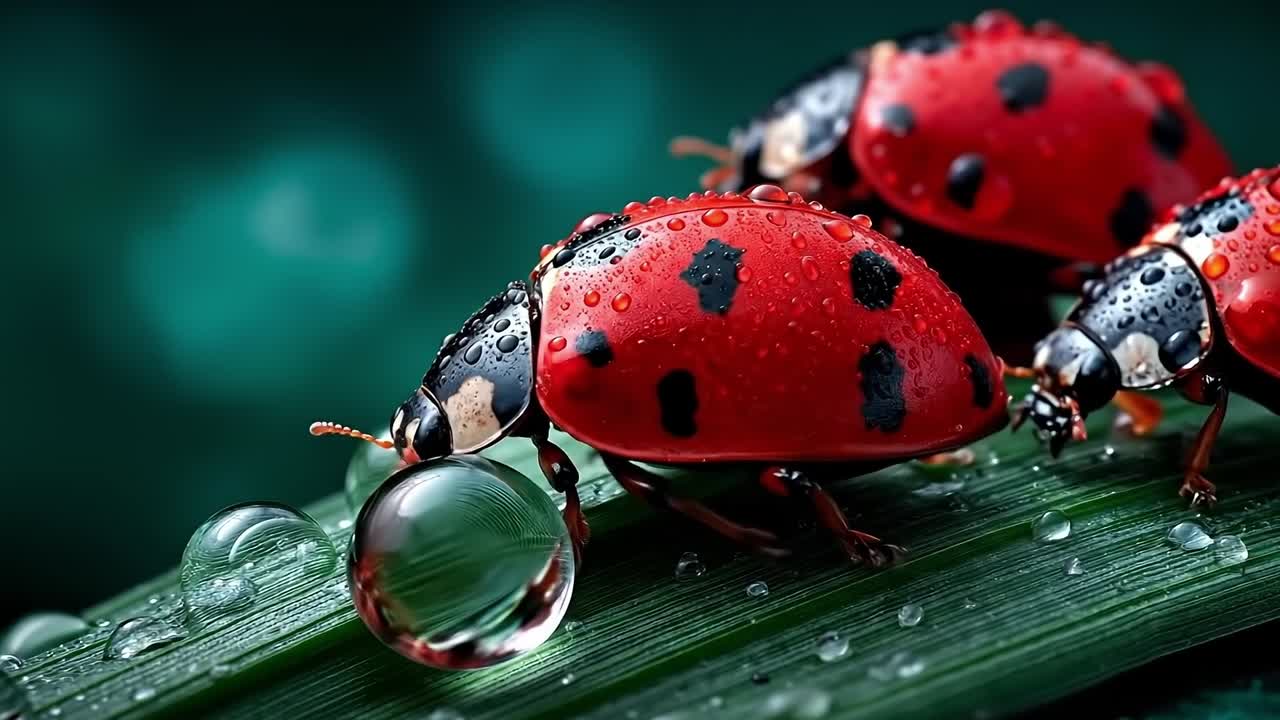 A group of ladybugs sitting on top of a green leaf