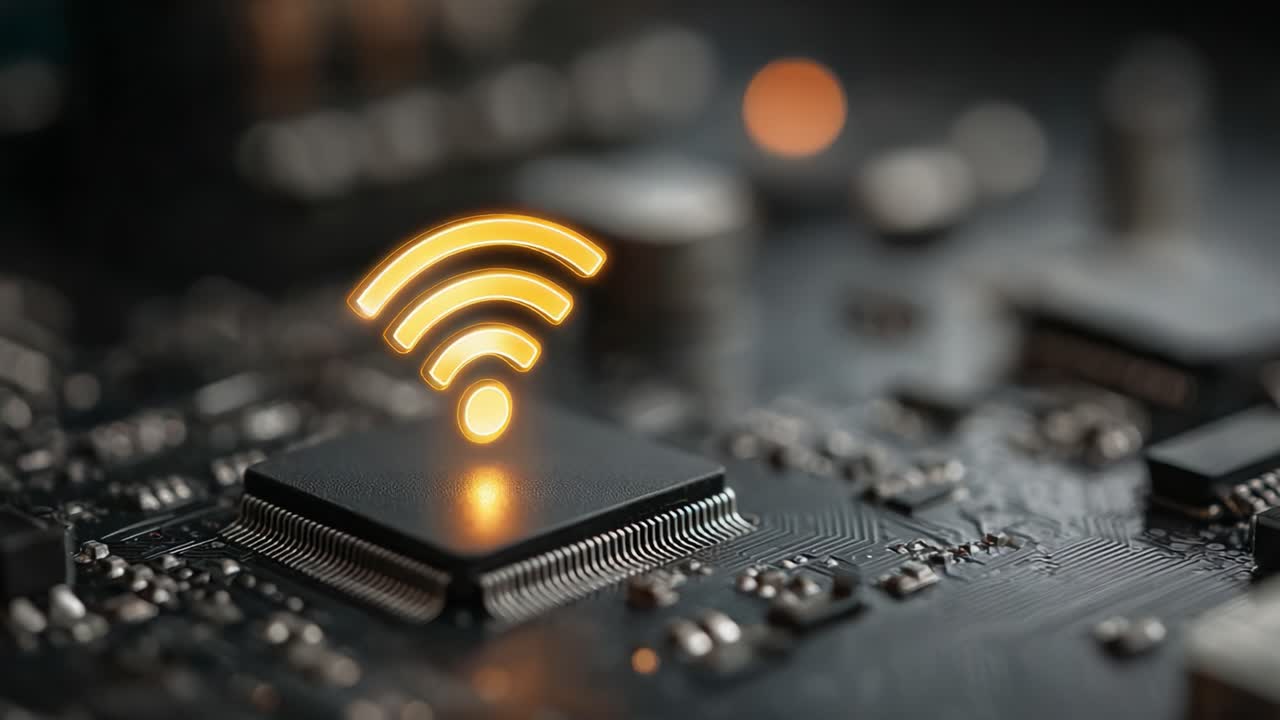 Wireless Connectivity Symbol Over Microchip Circuitry Representing Modern Technology and Digital Communication Advancements in Electronics and Networking Devices