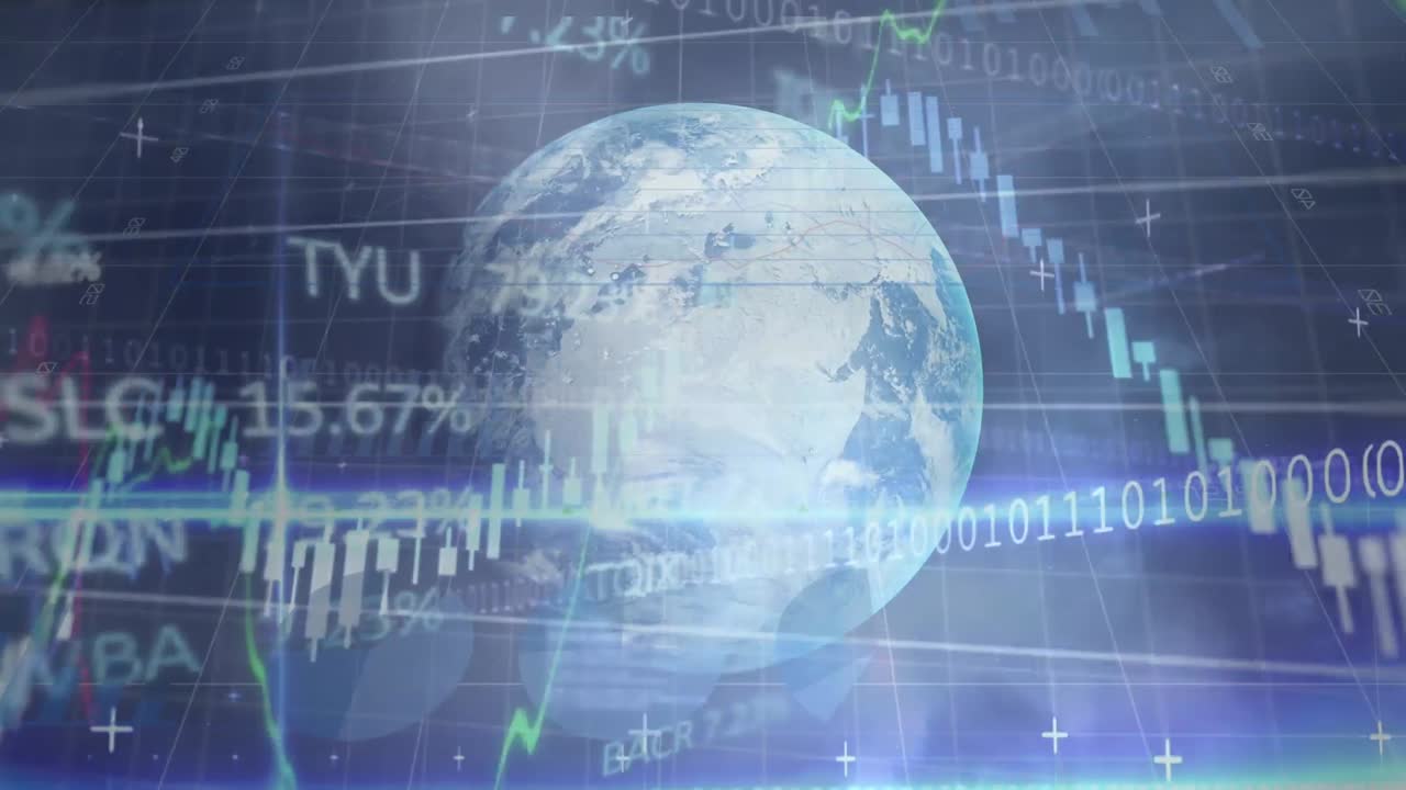 Animazione di elaborazione dati finanziari su un globo su sfondo blu.