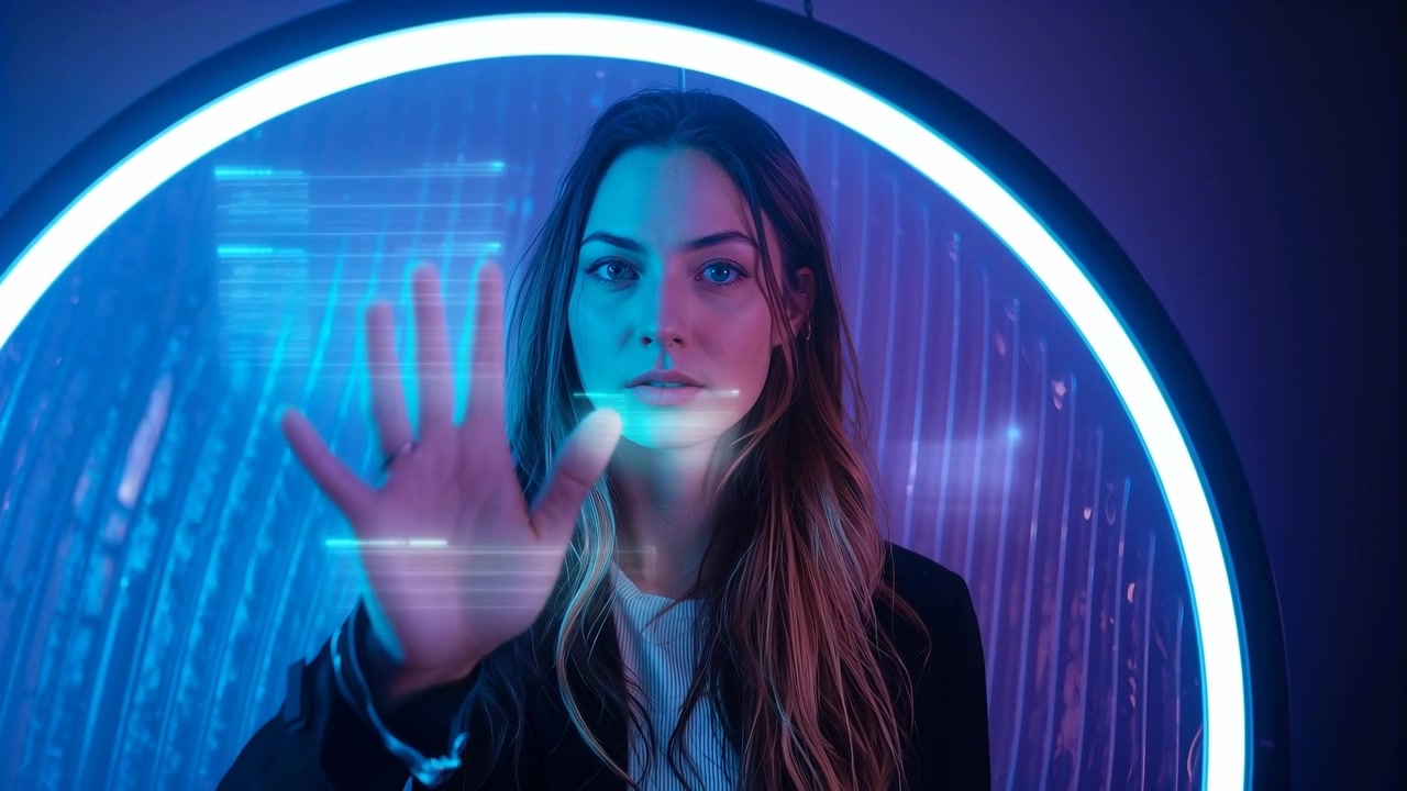 Extending right hand woman for shoot, blazer, palm nearing camera, ring light creating blue streaks
