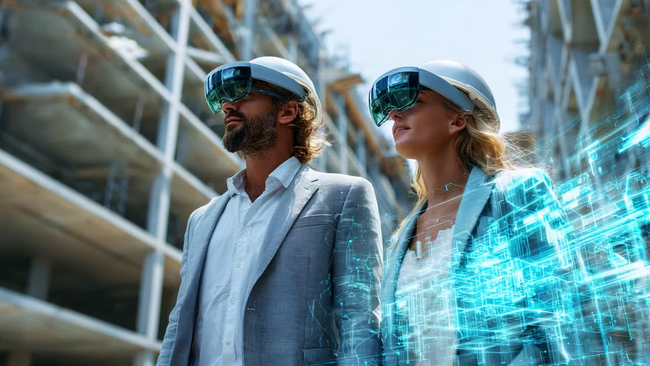 Innovative Construction Technology: Professionals Using Augmented Reality Glasses at a Building Site, Merging Real and Digital Worlds for Enhanced Project Visualization and Safety