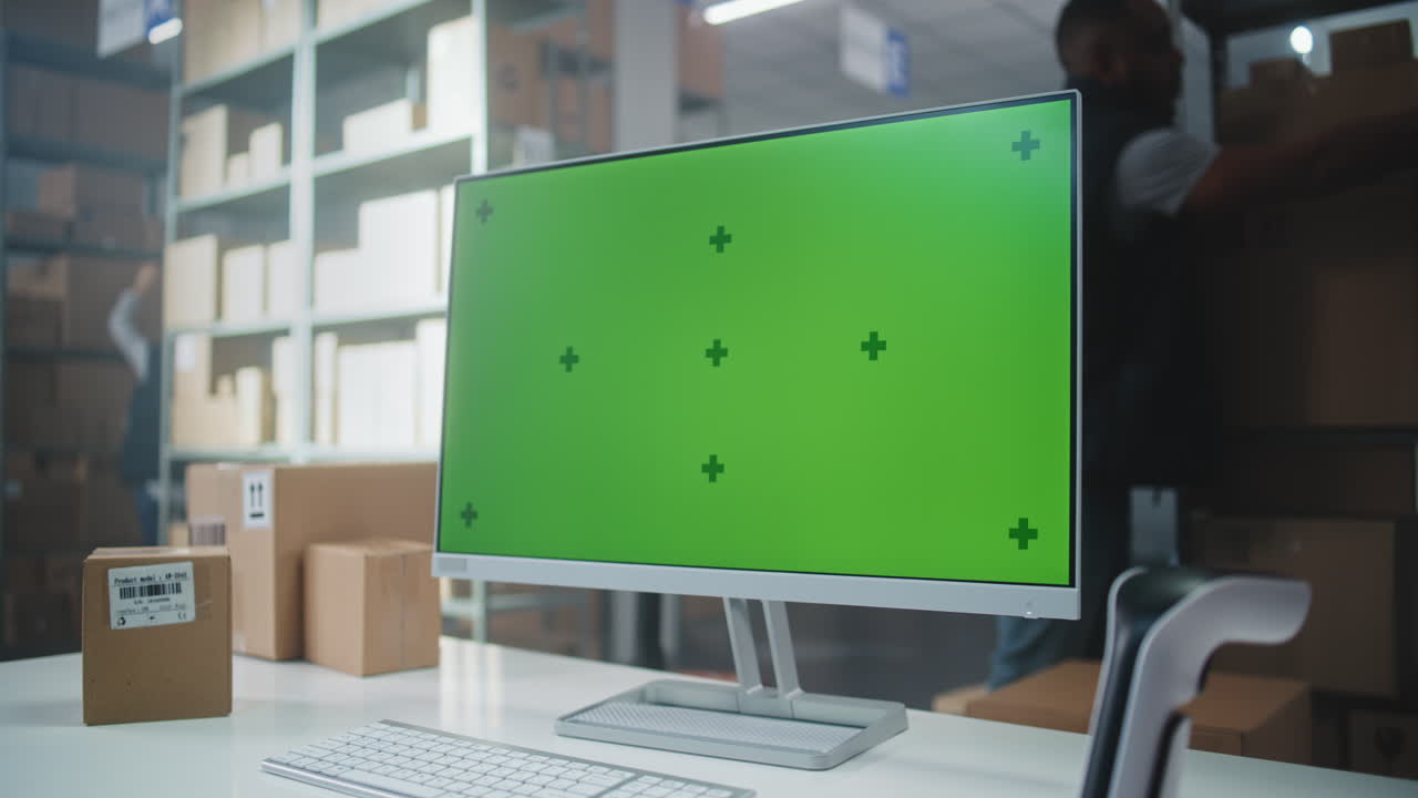 trabajador de almacén que utiliza una computadora con un monitor de pantalla verde