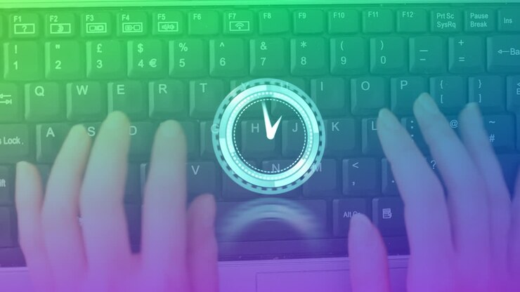Animation of clock moving over hands of caucasian woman typing on computer keyboard