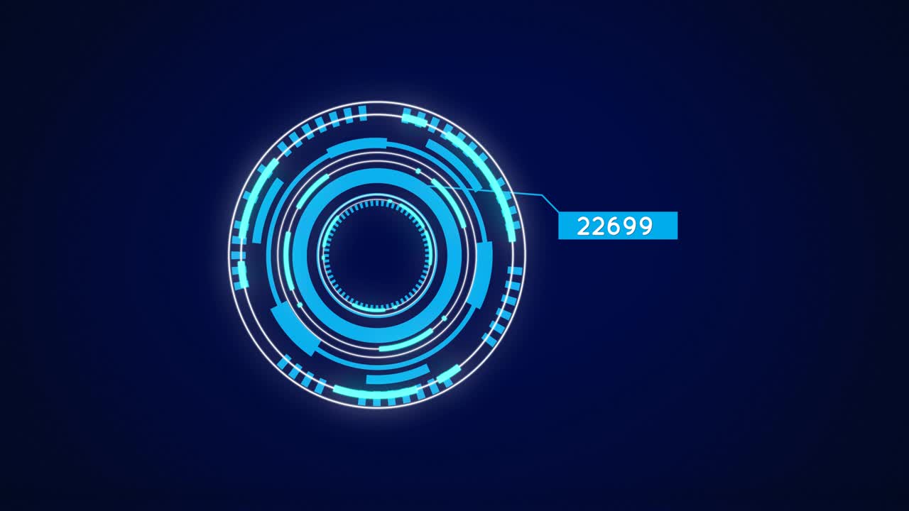 Digital animation of increasing numbers over neon round scanner spinning against blue background