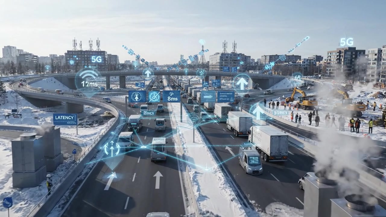 Flusso di traffico e connettività 5G in un contesto urbano: miglioramenti nei trasporti con tecnologia avanzata in una giornata invernale