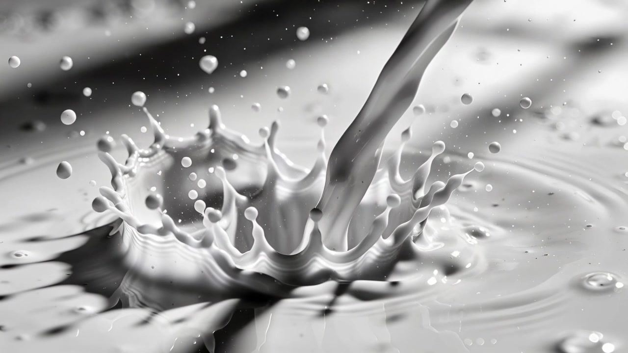 Flusso di liquido bianco che viene versato e colpisce una pozza poco profonda, formando una corona ed espellendo goccioline satelliti.