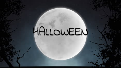 halloween con un bosque místico y una gran luna en el cielo azul de la noche