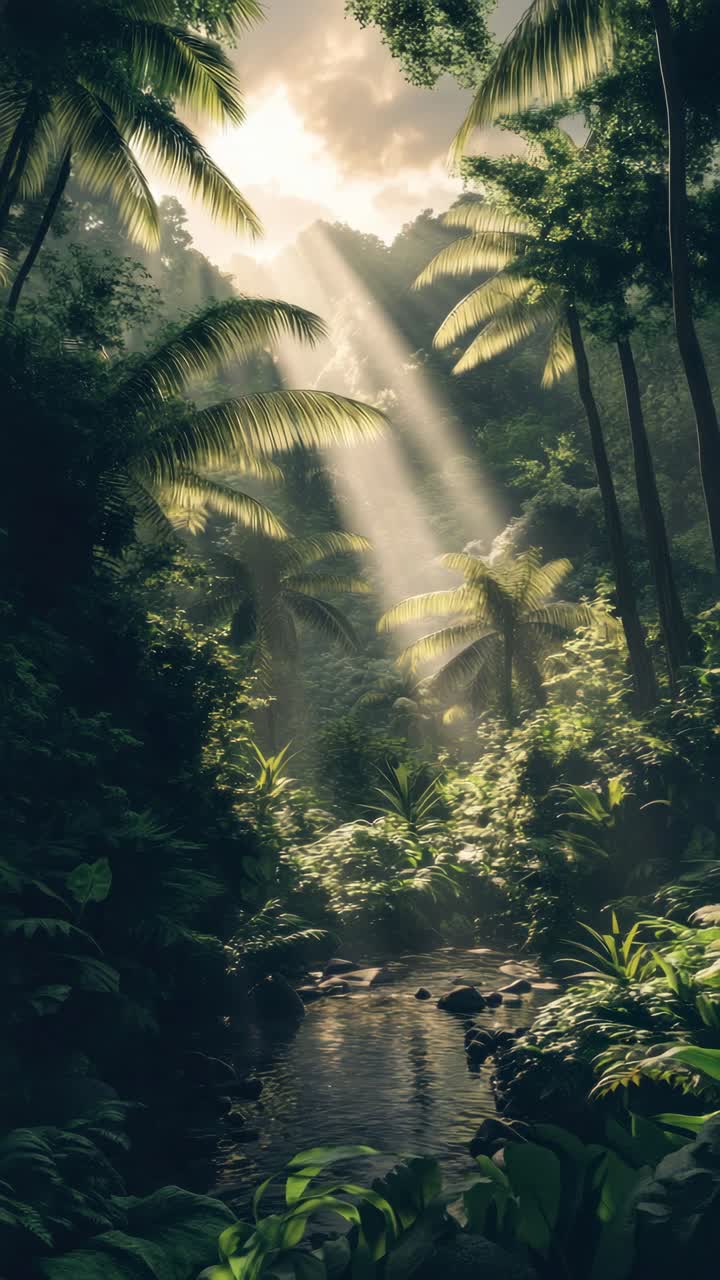 Rigogliosa scena di giungla con luce solare che filtra tra gli alberi ad alto fusto, ripresa da un angolo inferiore
