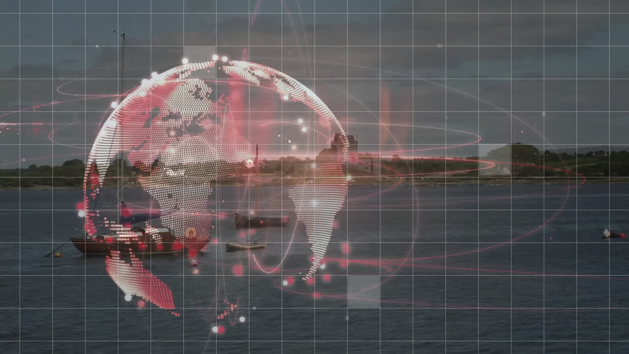 Digital globe animation over serene lake with boats and distant shoreline
